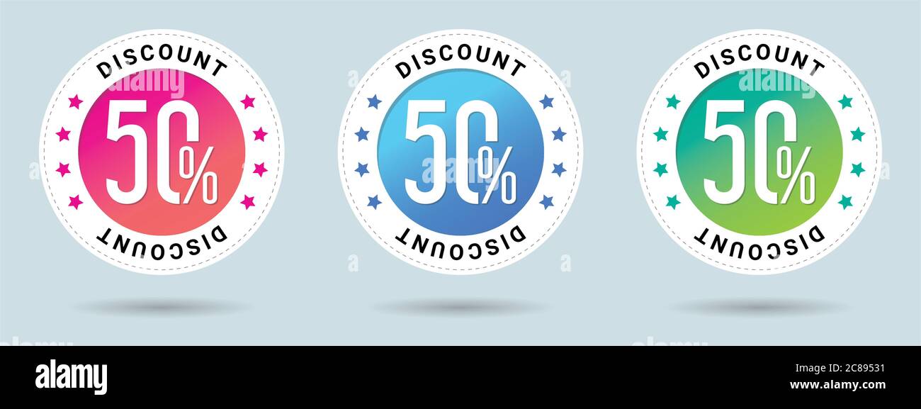 Preisschild für Rabattangebot. Verkauf Vektor Badge Vorlage, 50 Prozent Rabatt auf Verkauf Label Symbol, 50 Rabatt-Aktion. Set mit 3 schönen Farbverläufen. Stock Vektor