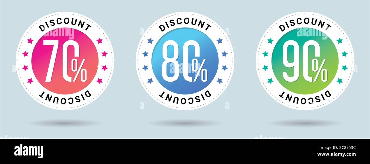 Preisschild für Rabattangebot. Verkaufsvektor Badge Vorlage, 70, 80, 90 Prozent Rabatt auf Verkauf Label Symbol, 70 Rabatt, 80 Rabatt, 90 Rabatt-Promotion. Stock Vektor
