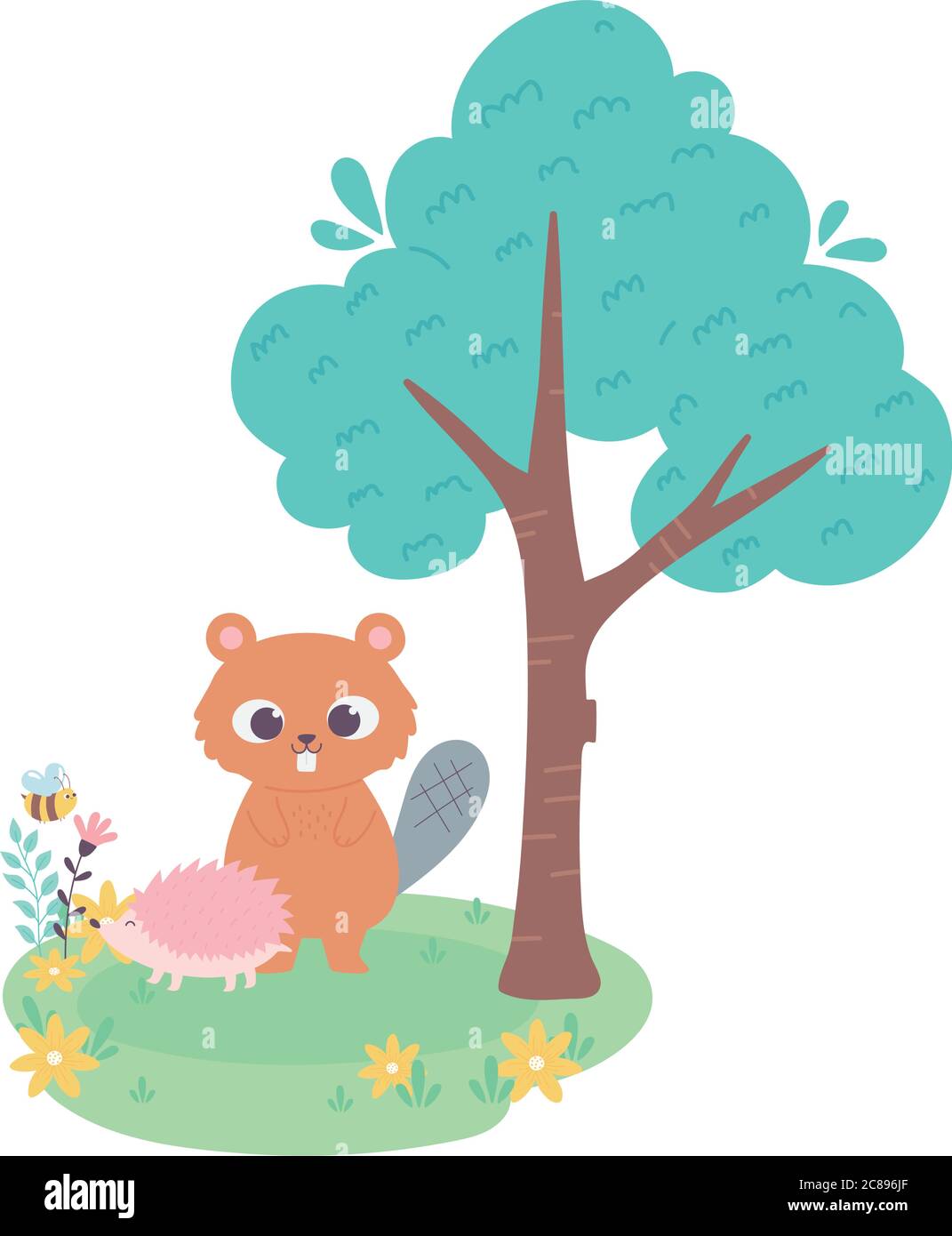 Niedliche kleine Biber und Igel auf Gras mit Blumen und Baum Cartoon-Vektor-Illustration Stock Vektor