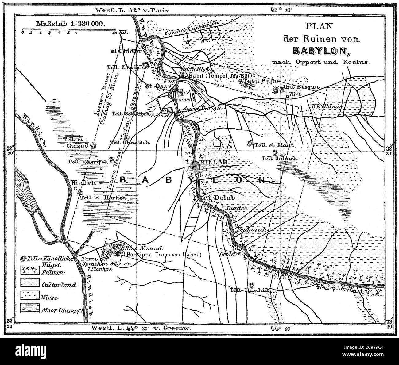Karte der babylonischen Ruinen, 19. Jahrhundert Stockfoto