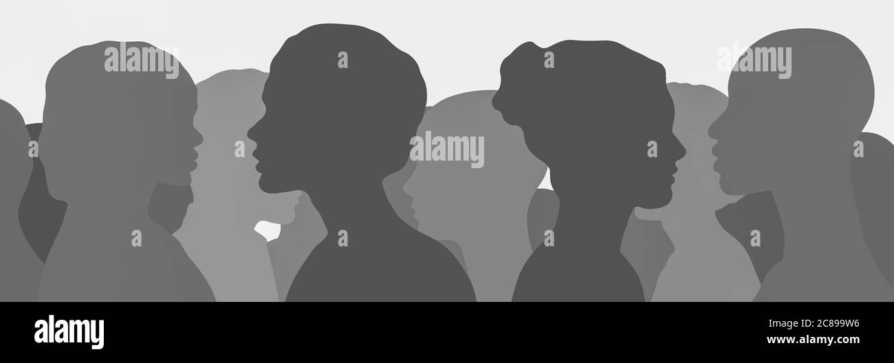 Monochromes Konzeptbild ethnisch diverser Silhouetten-Köpfe, die eins zu eins und in einer Gruppe weibliche Profile in den Vordergrund stellen Stockfoto