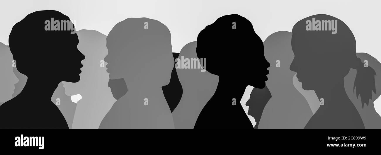 Monochromes Konzeptbild ethnisch diverser Silhouetten-Köpfe, die eins zu eins und in einer Gruppe weibliche Profile in den Vordergrund stellen Stockfoto