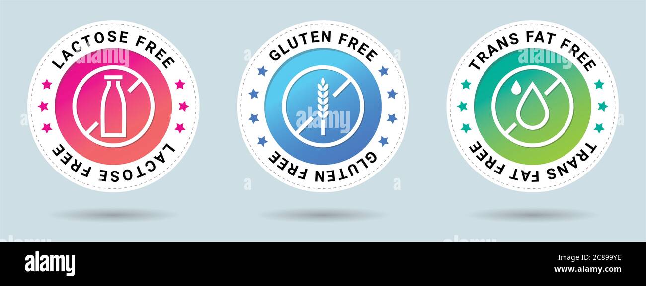 Essensabzeichen. Lactose, Gluten und Trans fettfreie Marken Set Stock Illustration. Stock Vektor