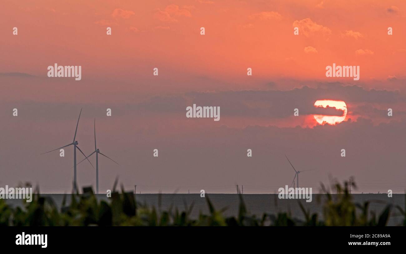 Williamsburg, Iowa - Windturbinen bei Sonnenuntergang Stockfoto