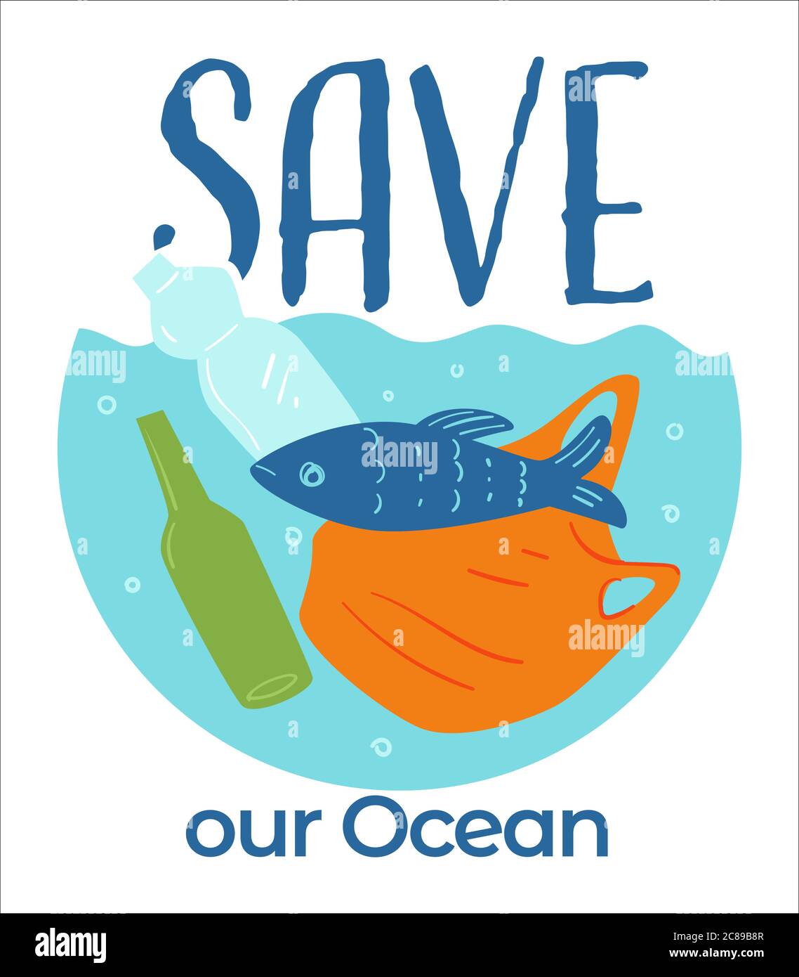 Speichern Sie unser Meer, Wasser mit Plastik und Abfall gefüllt Stock Vektor