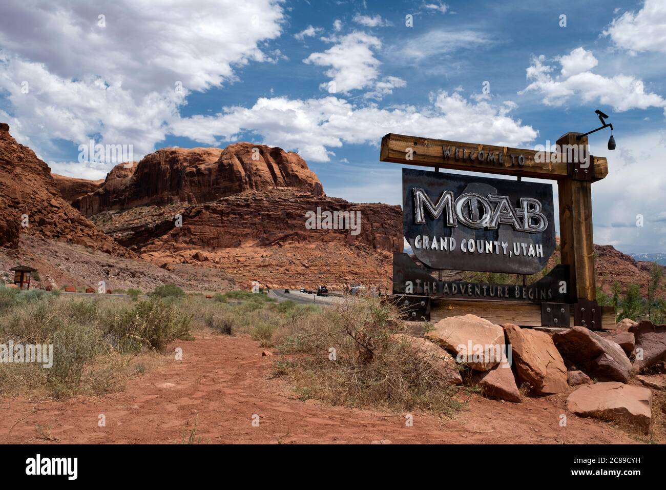 Offizielle Autobahn-Begrüßungsschild für die Stadt Moab, Grand County, Utah Stockfoto