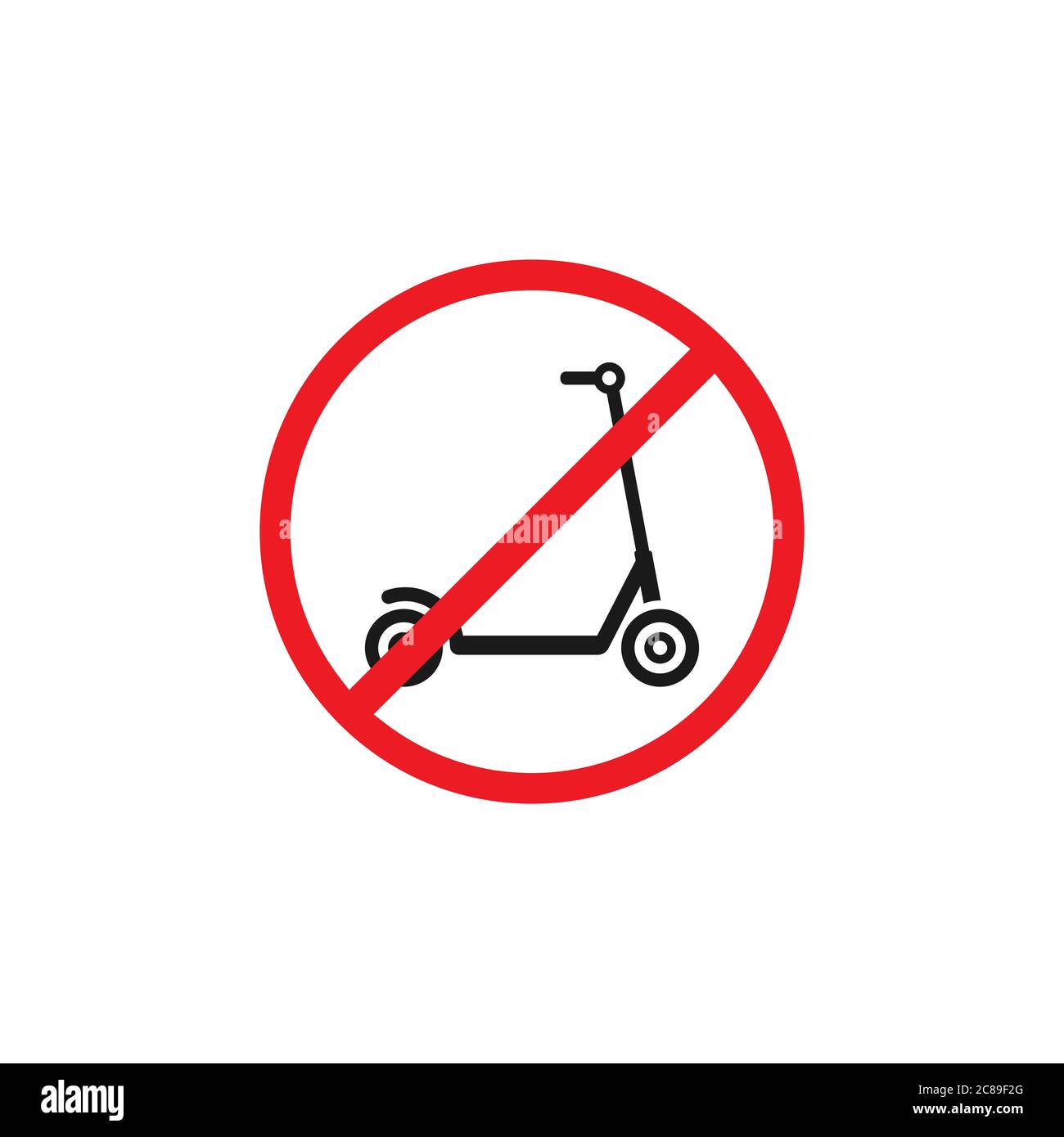 Schwarzer Kick Scooter oder Laufrad in rot gekreuzten Kreis Symbol. Kein Push Scooter s Schild isoliert auf weiß. Vektorgrafik. Verboten, nicht erlaubt tra Stock Vektor