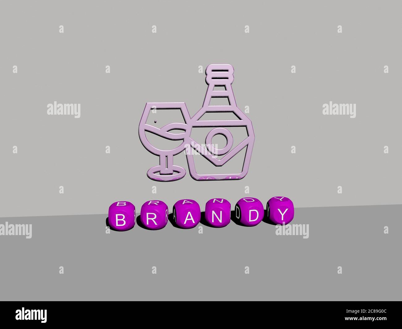 3D-Darstellung von BRANDY mit Ikone an der Wand und Text angeordnet durch metallische kubische Buchstaben auf einem Spiegelboden für Konzept Bedeutung und Diashow-Präsentation. Alkohol und Glas Stockfoto
