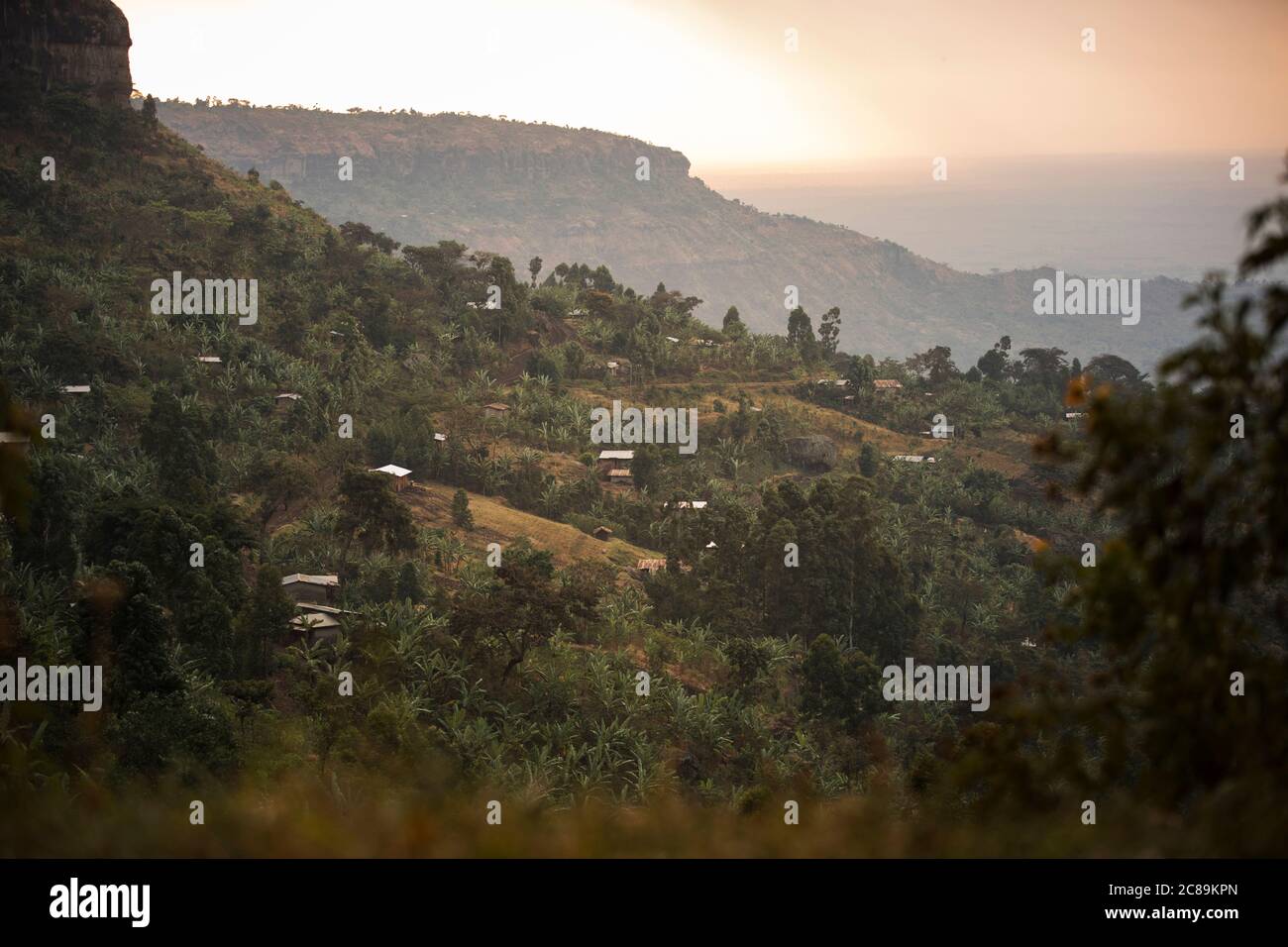 Wunderschöne dramatische Landschaft von Bauerngemeinschaften am Fuße des Mount Elgon, im Osten Ugandas, Afrika. Stockfoto