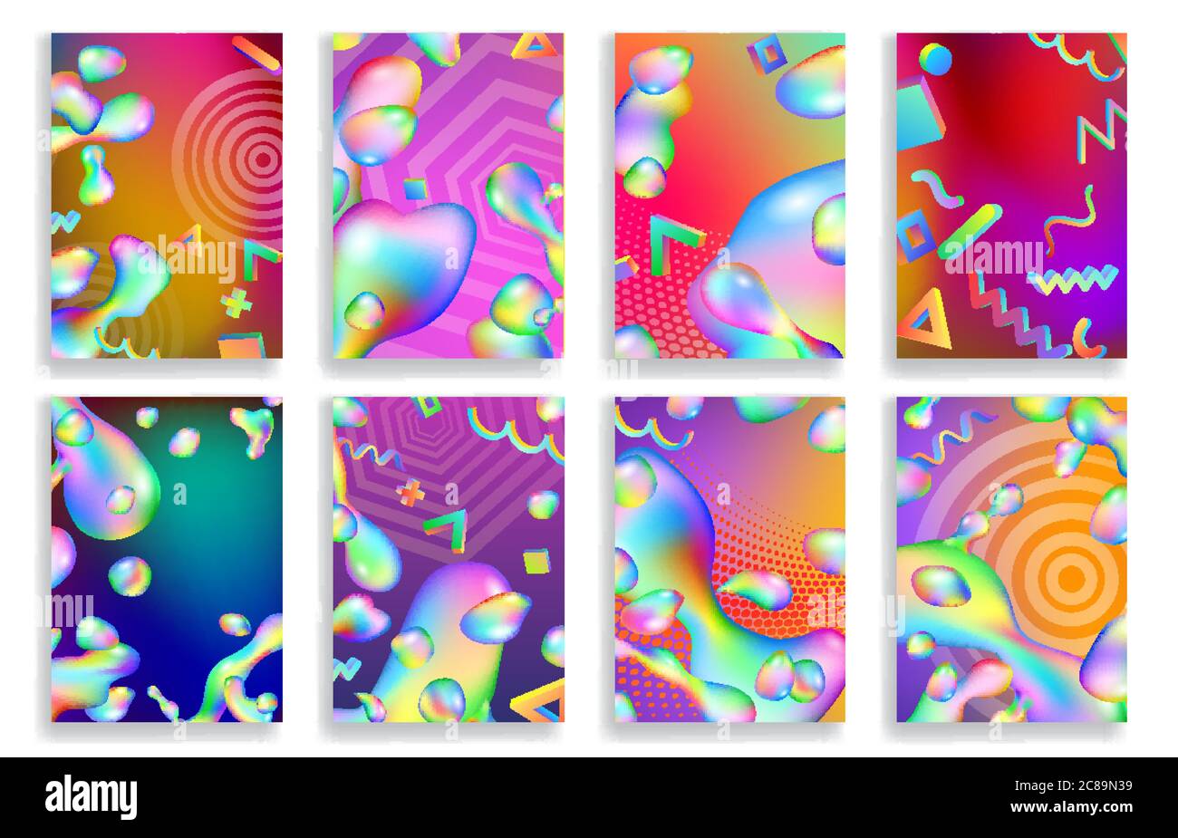 Set von abstrakten Hintergründen aus bunten Flüssigkeiten und geometrischen Formen. Moderne Broschürenhüllen mit futuristischem Design Stock Vektor