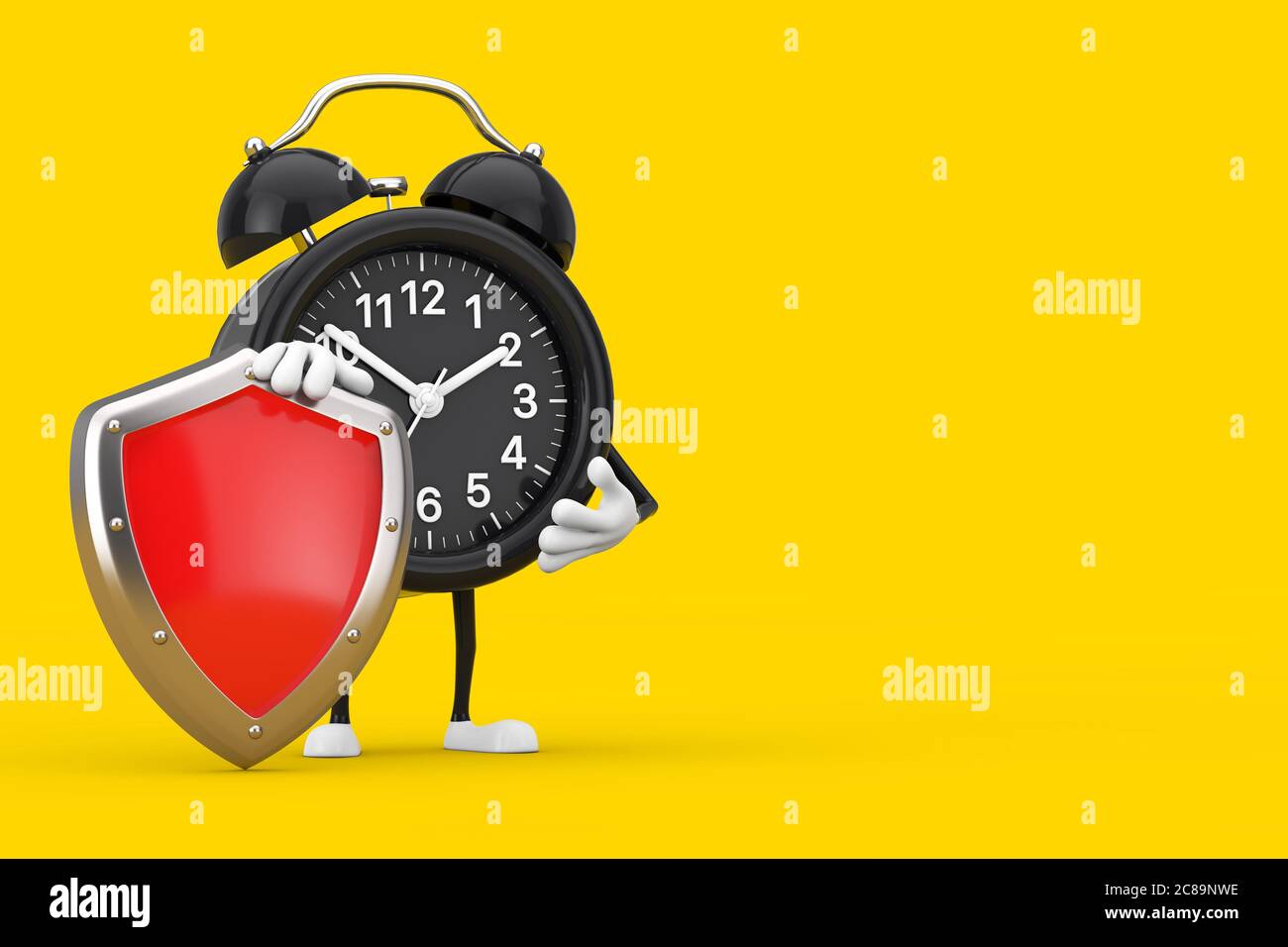 Wecker Zeichen Maskottchen mit rotem Metall Schutzschild auf gelbem Hintergrund. 3d-Rendering Stockfoto