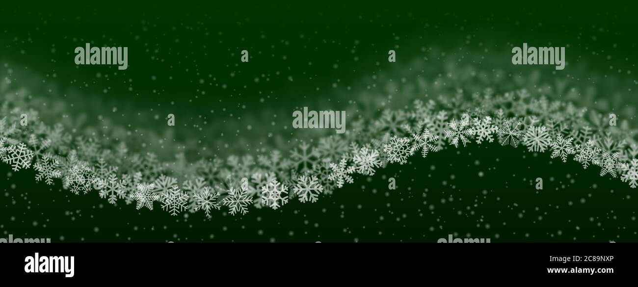 Weihnachtliche Hintergrund von Schneeflocken unterschiedlicher Form, Unschärfe und Transparenz, wellenförmig, auf grünem Hintergrund Stock Vektor