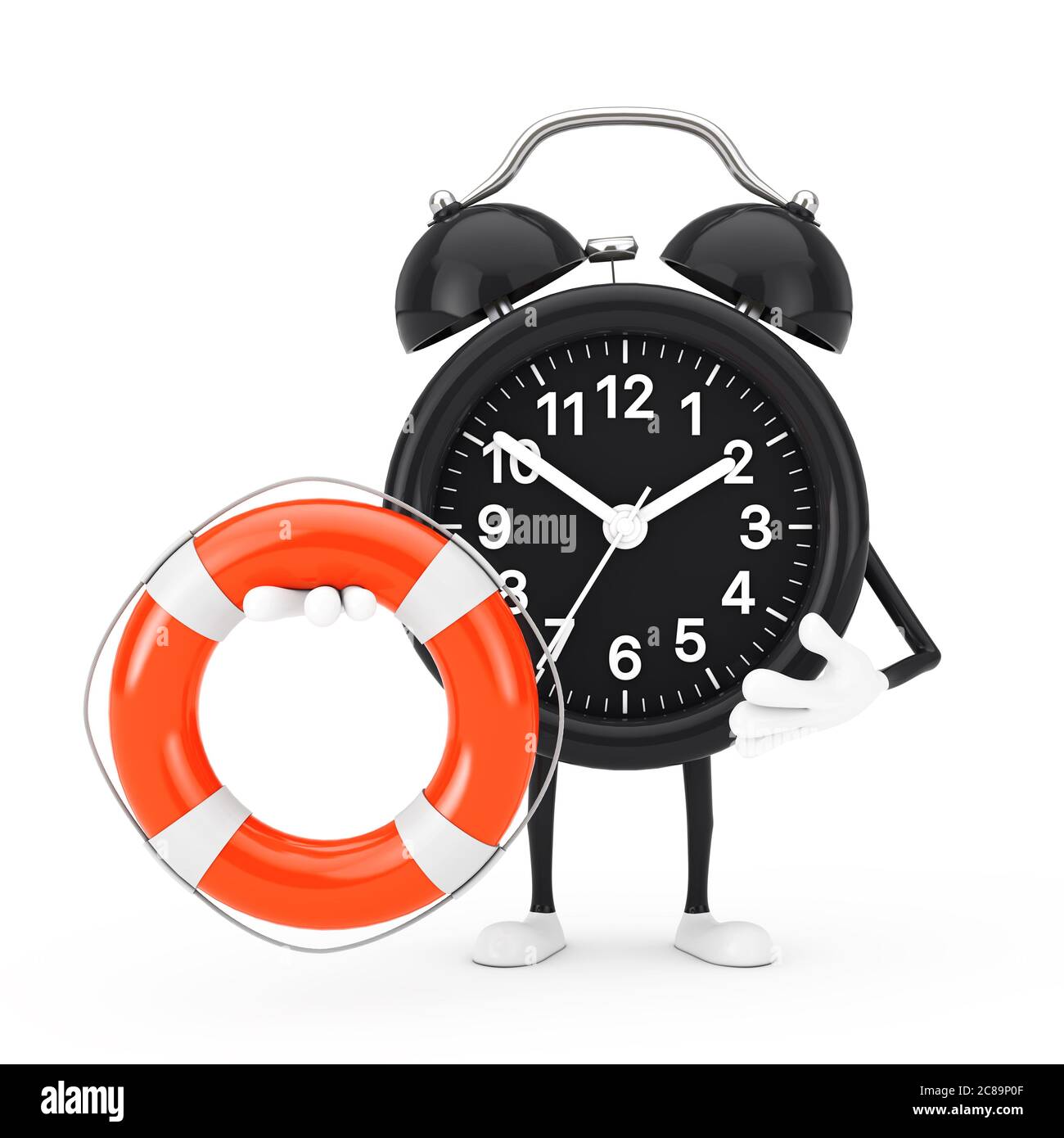 Wecker Zeichen Maskottchen mit Life Boje auf weißem Hintergrund. 3d-Rendering Stockfoto