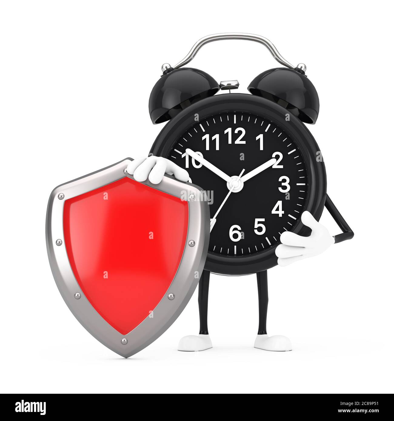 Wecker Zeichen Maskottchen mit rotem Metall Schutzschild auf weißem Hintergrund. 3d-Rendering Stockfoto