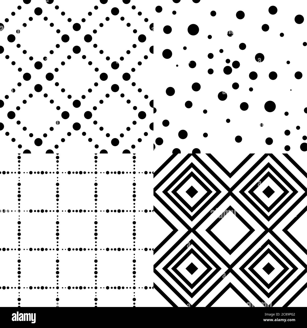 Set von Schwarz-Weiß nahtlose geometrische Muster mit Punkten und Quadrat auf weißem Hintergrund. Vektorgrafik. Stock Vektor