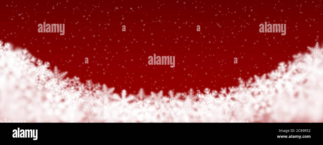 Weihnachten Hintergrund von Schneeflocken unterschiedlicher Form, Unschärfe und Transparenz, befindet sich unten, auf rotem Hintergrund Stock Vektor