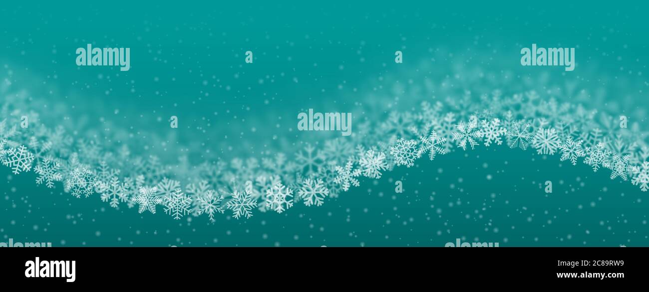 Weihnachten Hintergrund von Schneeflocken unterschiedlicher Form, Unschärfe und Transparenz, wellenförmig, auf türkisfarbenem Hintergrund Stock Vektor