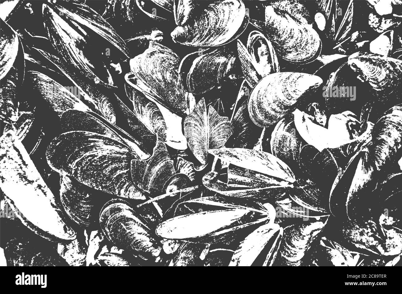Verzweifelte Überlagerung Textur von Muscheln, Seesteine am Strand. Grunge Hintergrund. Stock Vektor
