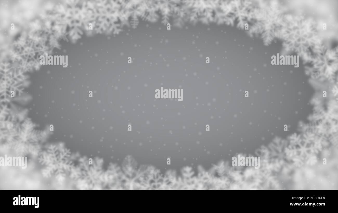 Weihnachtliche Hintergrund von Schneeflocken unterschiedlicher Form, Unschärfe und Transparenz, in einer Ellipse angeordnet, auf grauem Hintergrund Stock Vektor