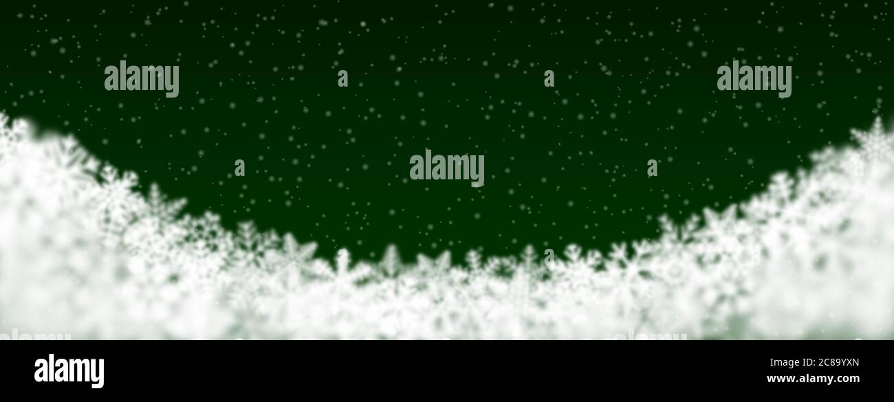 Weihnachten Hintergrund von Schneeflocken unterschiedlicher Form, Unschärfe und Transparenz, befindet sich unten, auf grünem Hintergrund Stock Vektor