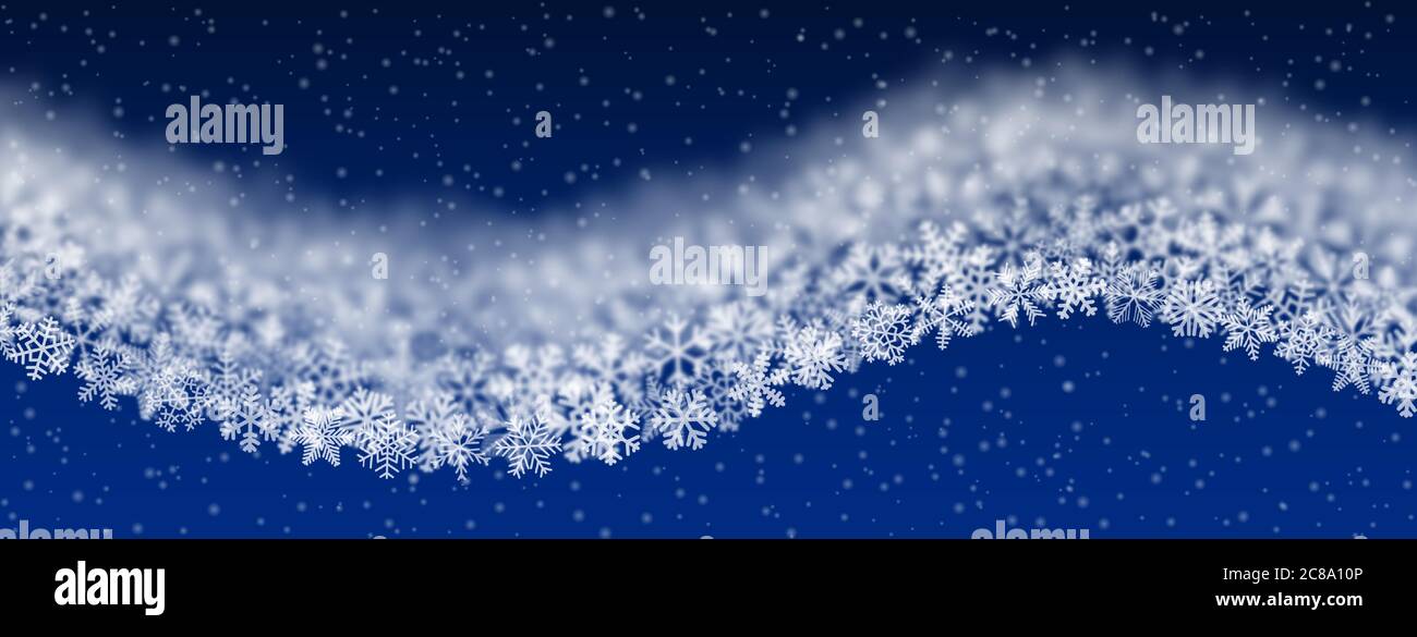 Weihnachtliche Hintergrund von Schneeflocken unterschiedlicher Form, Unschärfe und Transparenz, wellenförmig, auf blauem Hintergrund Stock Vektor