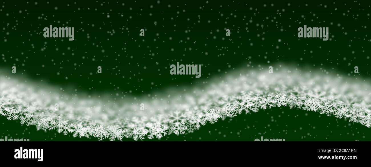Weihnachtliche Hintergrund von Schneeflocken unterschiedlicher Form, Unschärfe und Transparenz, wellenförmig, auf grünem Hintergrund Stock Vektor