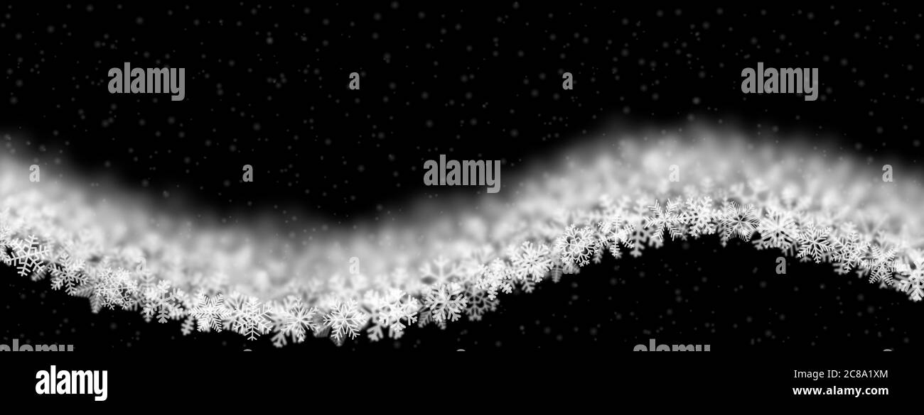 Weihnachtliche Hintergrund von Schneeflocken unterschiedlicher Form, Unschärfe und Transparenz, wellenförmig, auf schwarzem Hintergrund Stock Vektor