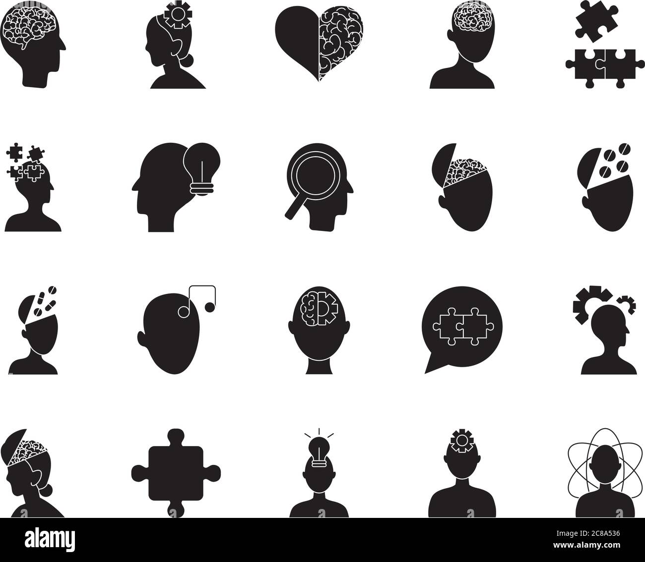 puzzle-Rätsel und psychische Gesundheit Symbol über weißem Hintergrund gesetzt, Silhouette Stil, Vektor-Illustration Stock Vektor