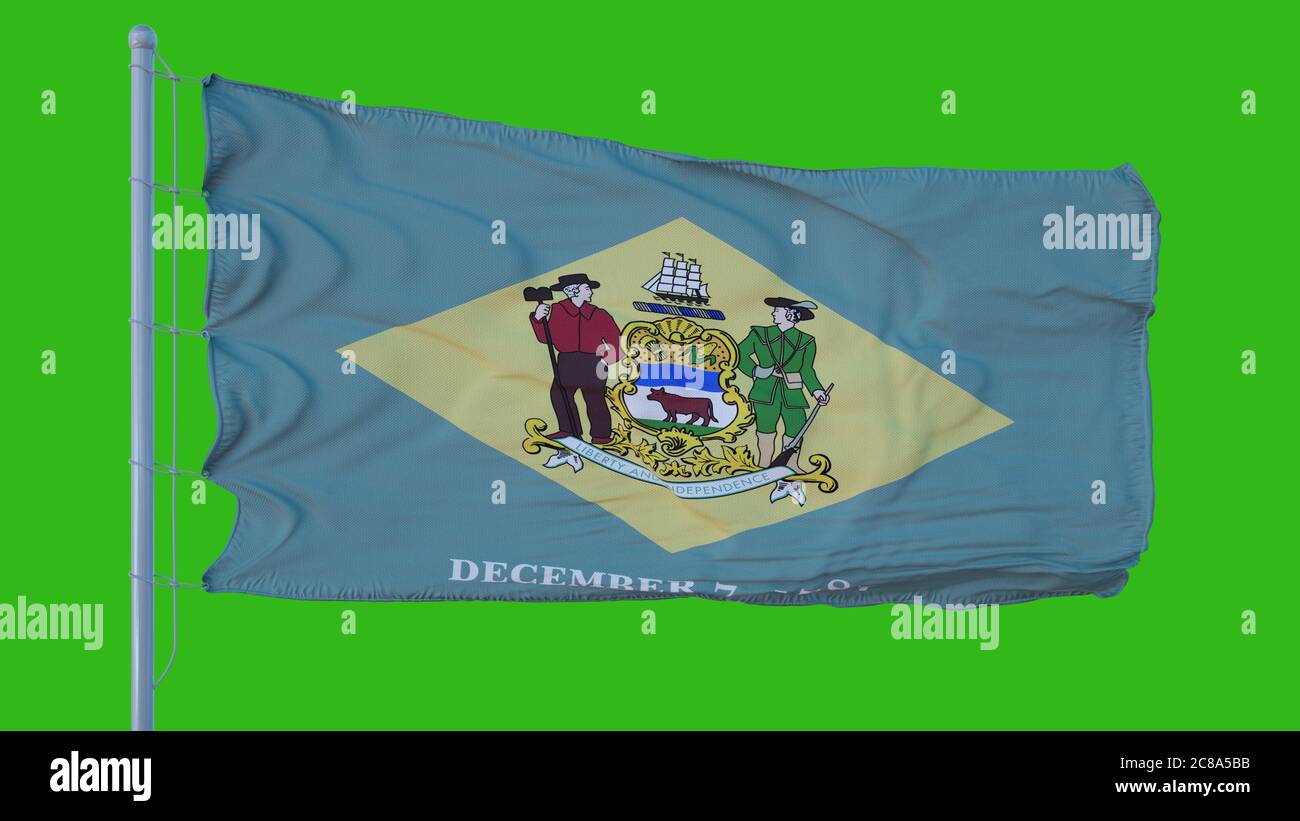 Staatsflagge von Delaware winkt im Wind vor grünem Bildschirmhintergrund. 3d-Illustration Stockfoto