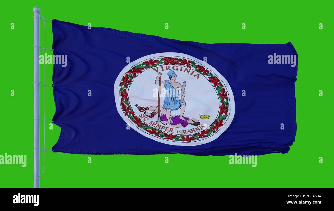 Staatsflagge von Virginia winkt im Wind vor grünem Bildschirm Hintergrund. 3d-Illustration Stockfoto