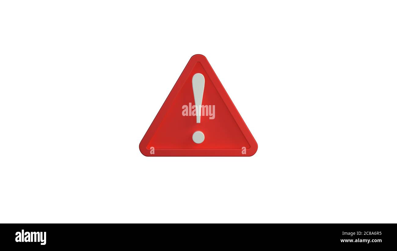 Warnzeichen für 3D-Achtung mit Ausrufezeichen auf weißem Hintergrund isoliert. Konzept Gefahr, Risiko, Warnung, Aufmerksamkeit Informationen Symbole. Stockfoto