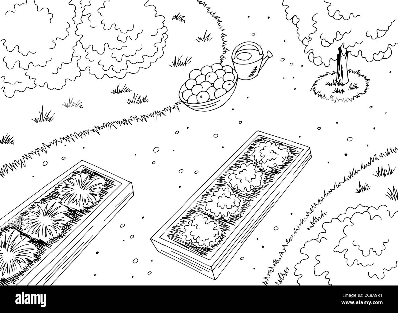 Markt Garten Blick von direkt über oben Grafik schwarz weiß Landschaft Skizze Illustration Vektor Stock Vektor