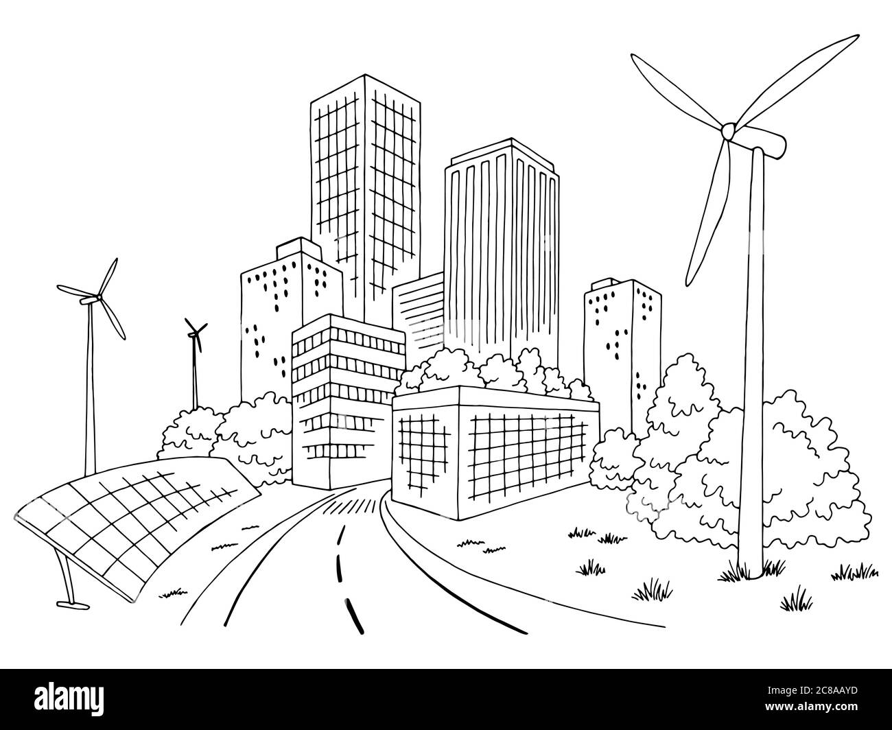 Eco City Grafik schwarz weiß Stadtbild Skyline Skizze Illustration Vektor Stock Vektor
