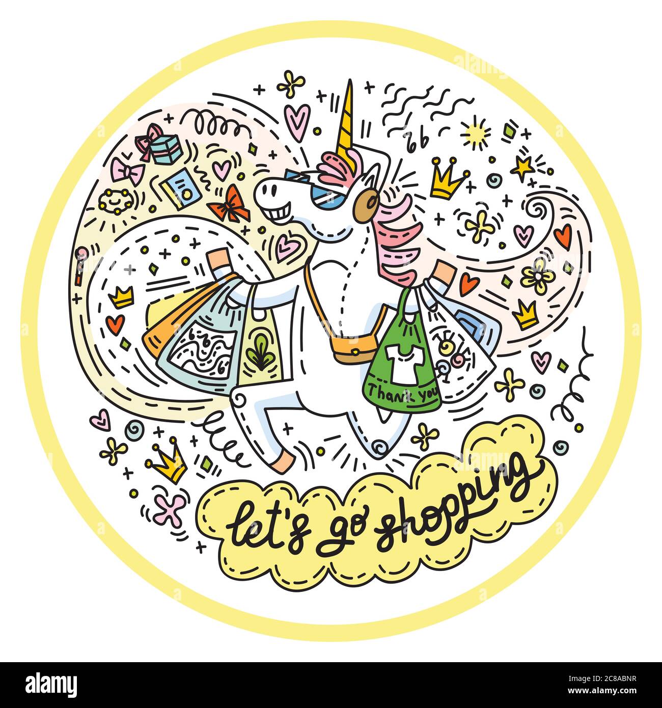 Lustige Einhorn ist glücklich, eine Menge Käufe gekauft.Bunte Vektor Humor Charakter in Doodle style.Lets gehen Shopping.isolierte Illustration für Aufkleber Stock Vektor