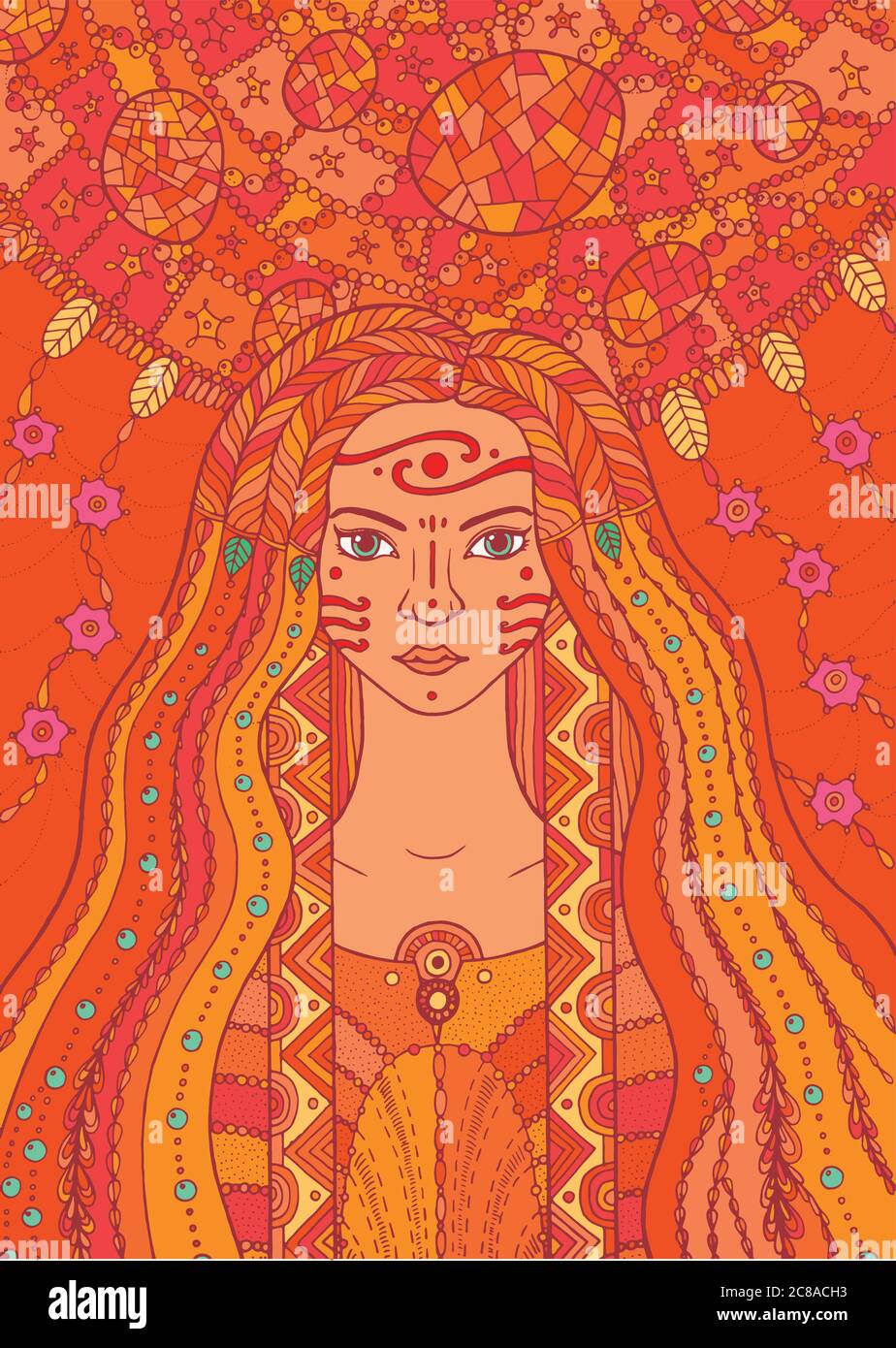 Shaman boho indian Mädchen mit Blumen und Wassertropfen Haar auf Pflanzenhintergrund. Vektor Hand gezeichnet Malvorlagen Stock Vektor