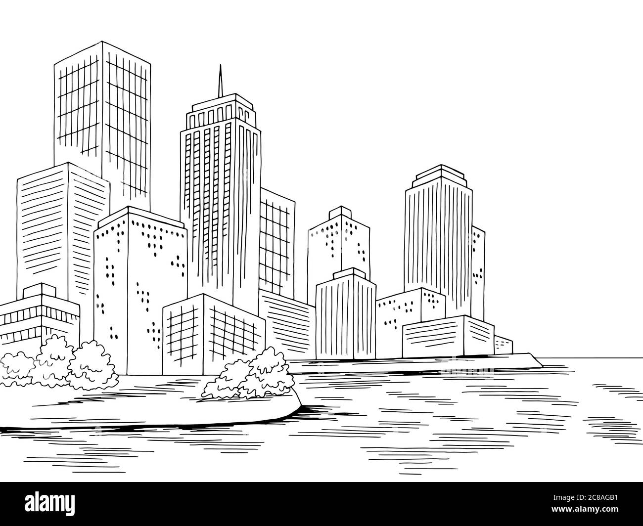 Stadt Meer Ufer Grafik schwarz weiß Stadtbild Skyline Skizze Illustration Vektor Stock Vektor