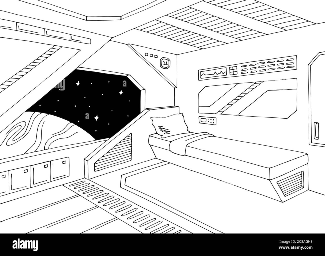 Raumschiff Innenraum Kabine Grafik schwarz weiß Skizze Illustration Vektor Stock Vektor