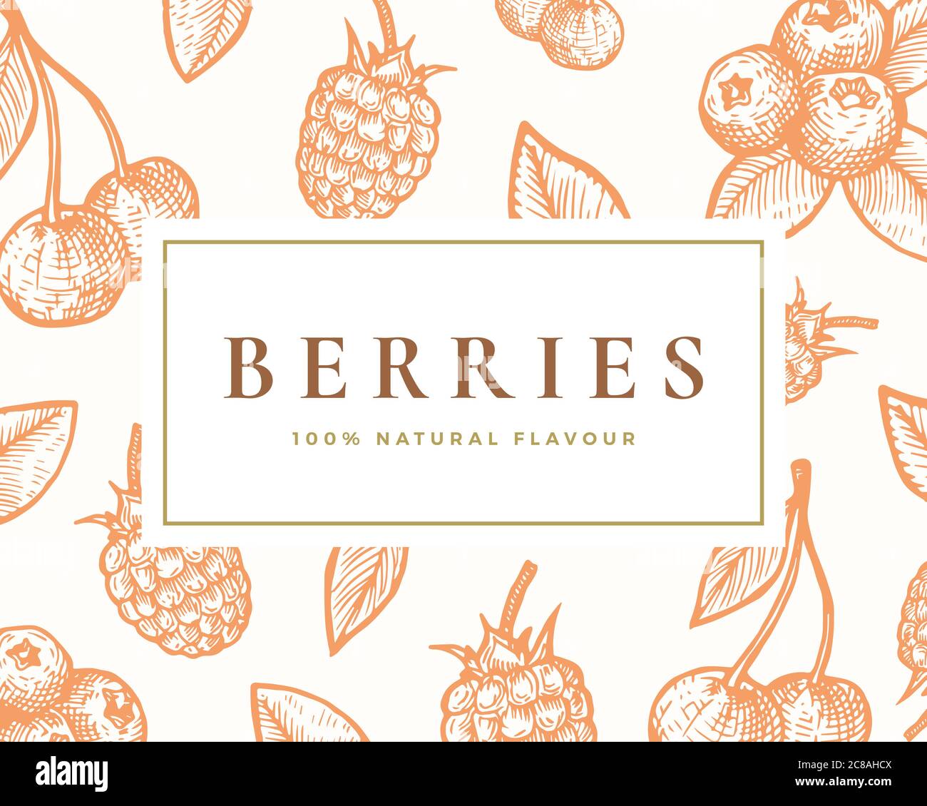 Handgezeichnete Beerenillusterkarte. Abstrakter Vektor Kirschen, Holunderbeere und Blackberry Skizze Hintergrund mit noblen Retro Typografie. Stock Vektor