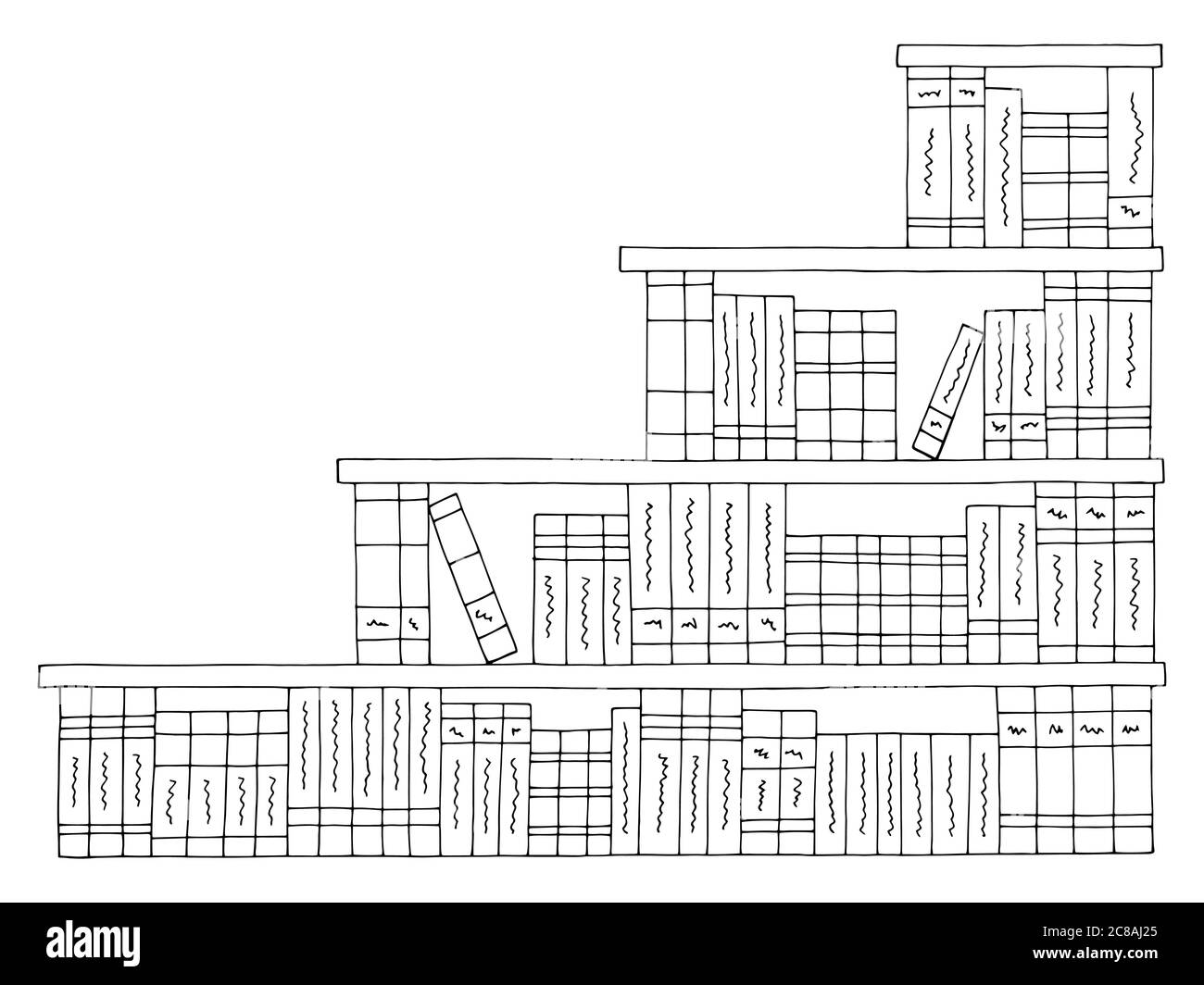 Bücherregal Treppen Grafik schwarz weiß isoliert Skizze Illustration Vektor Stock Vektor