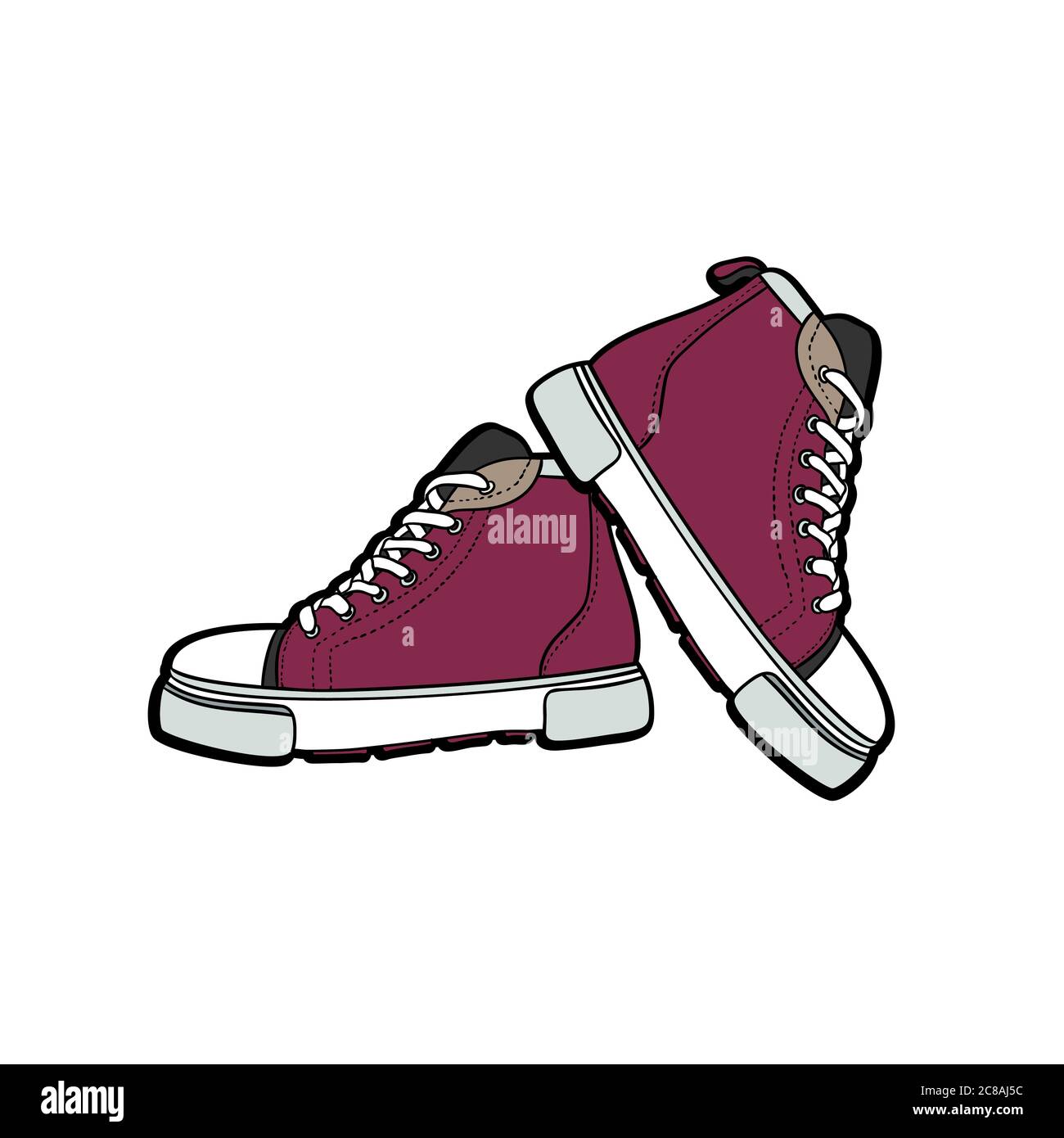 Sneakers Schuhe Paar isoliert. Handgezeichnete Vektordarstellung von lila Schuhen. Sportstiefel handgezeichnet für Logo, Poster, Postkarte, Modeheft Stock Vektor