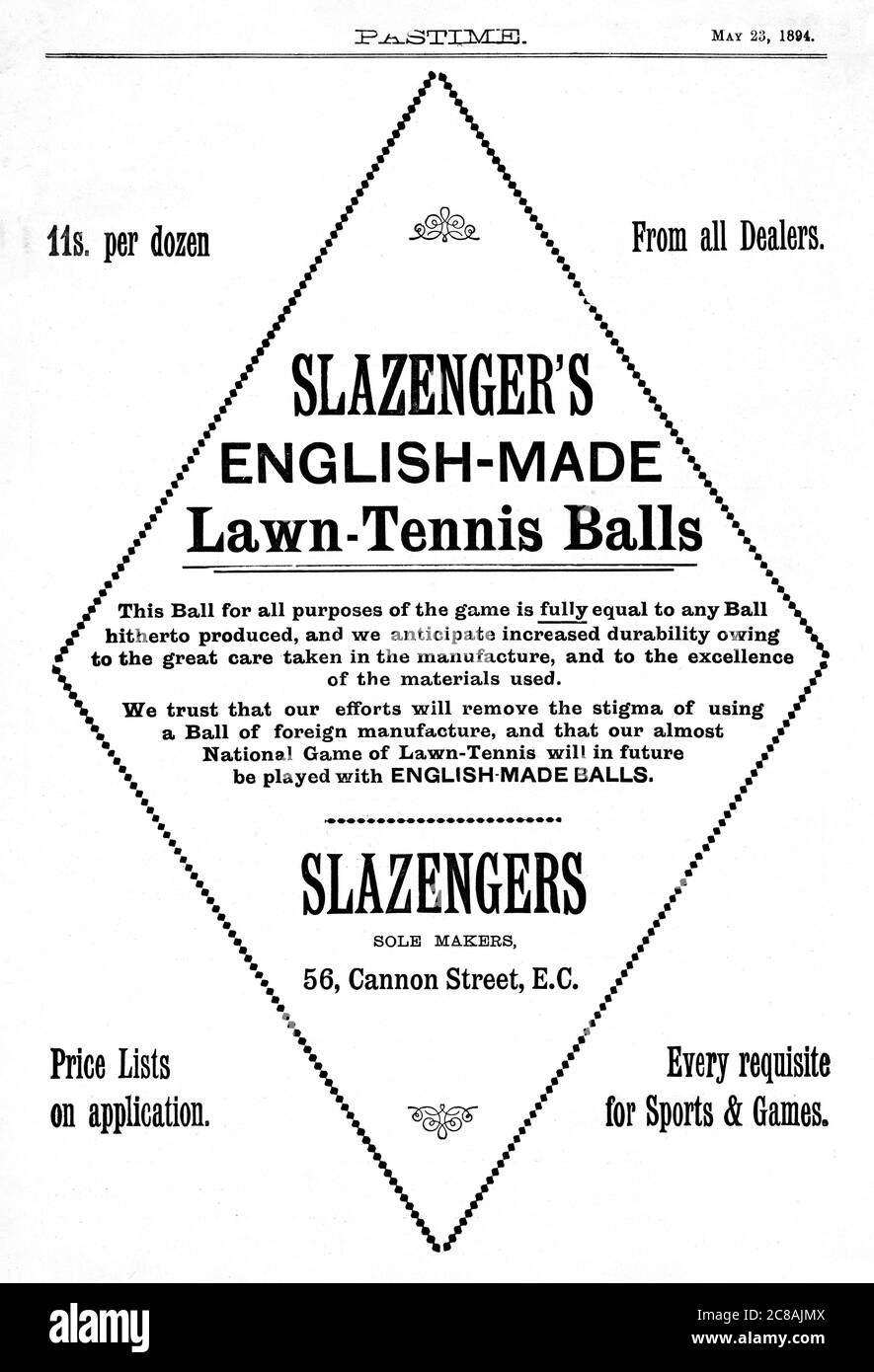 Slazenger Tennis Balls, 1894 Zeitschriftenwerbung für englischen Ball, 11 pro Dutzend Stockfoto