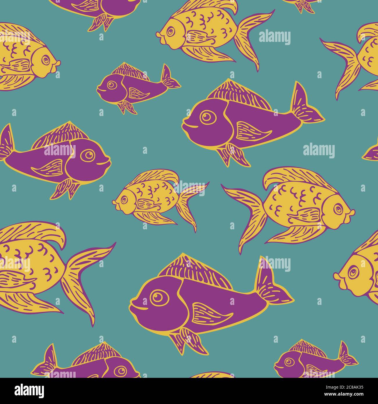 Vektor nahtlose Muster von Fischen im Retro-Linolschnitt-Stil. Fancy abstrakten Fisch Vektor-Illustration. Stock Vektor