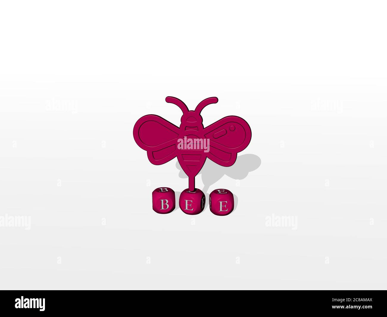 3D-Darstellung von Biene mit Symbol an der Wand und Text angeordnet durch metallische kubische Buchstaben auf einem Spiegelboden für Konzept Bedeutung und Diashow-Präsentation. Hintergrund und Illustration Stockfoto