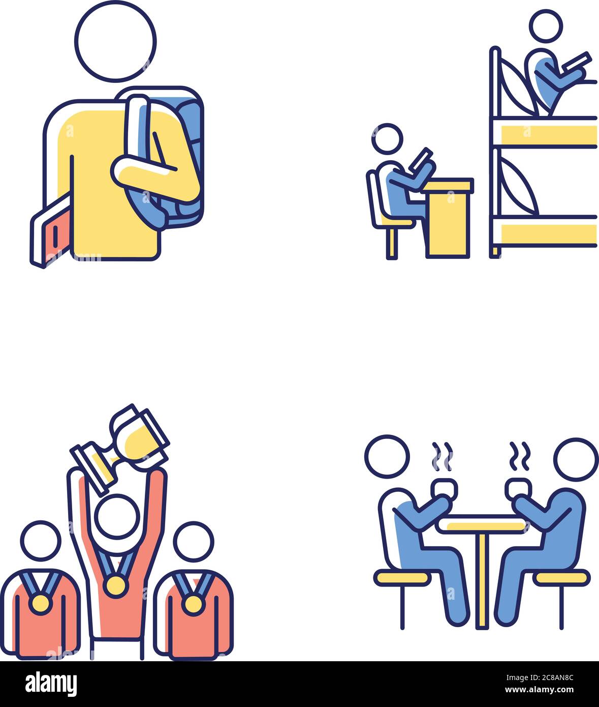 Student Life RGB-Farbsymbole eingestellt. Campus Leben und Aktivitäten. Universitätsleben. Mitbewohner studieren im Schlafsaal. Leute, die heiße Getränke trinken. Iso Stock Vektor