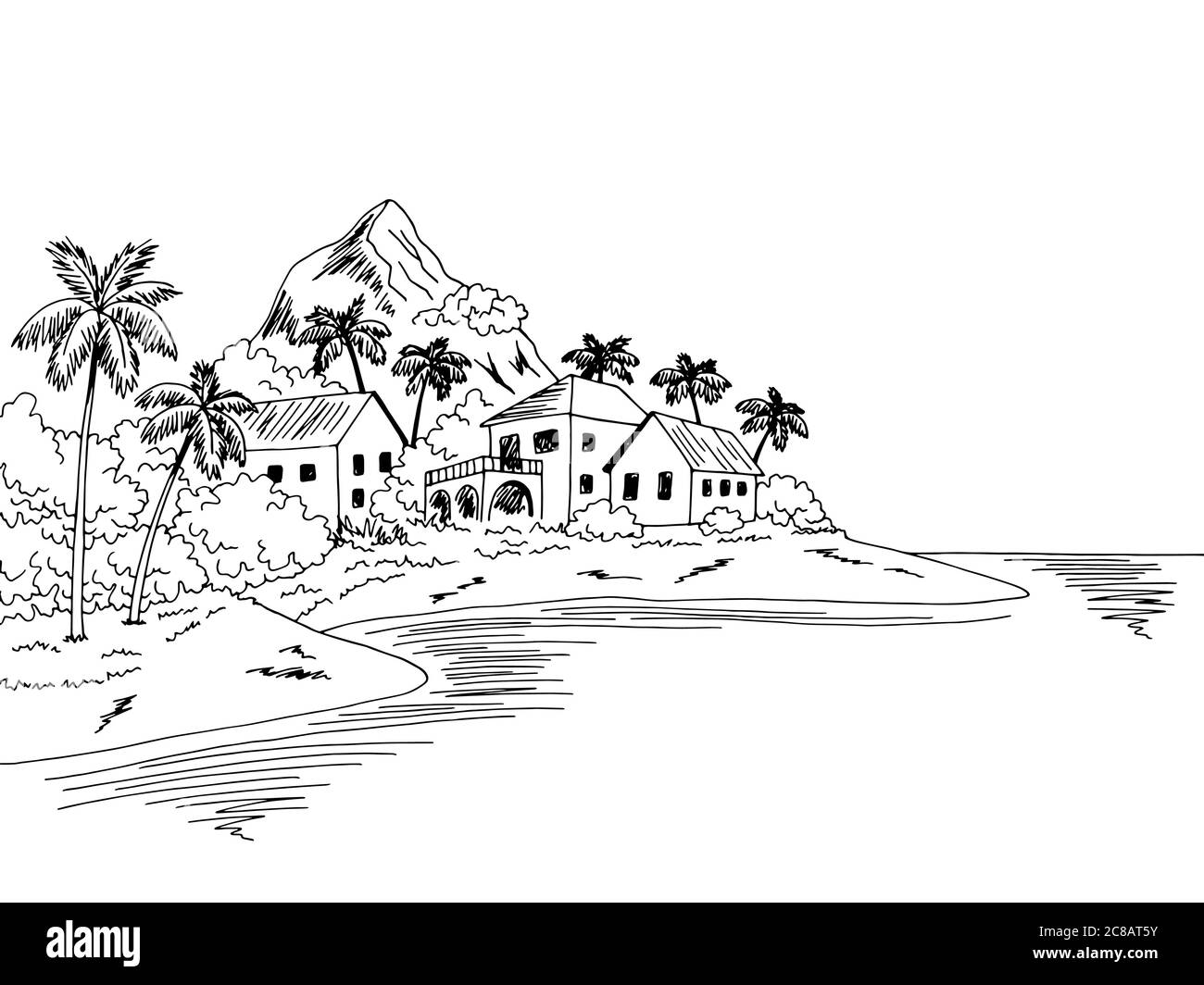 Dorf Meer Grafik schwarz weiß Bucht Landschaft Skizze Illustration Vektor Stock Vektor