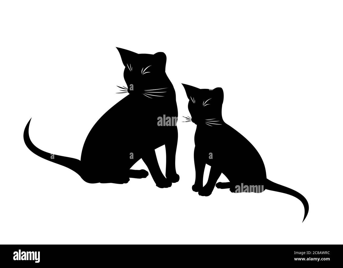 Abessinier Katze und Kätzchen Vektor isolierte Illustration. Schwarz-weiße Silhouette sitzender abessinier-Katzen auf Weiß Stock Vektor