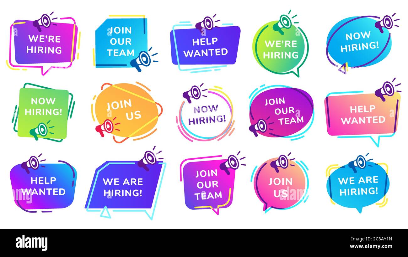 Wir stellen Banner ein. Treten Sie unserem Team, Hilfe wollte Inschrift Set mit Megaphon. Freie Stelle mit Lautsprecher. Personalangebot für rek Stock Vektor