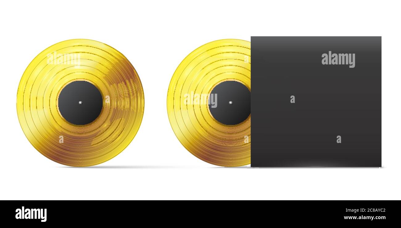 Golden Vinyl. Realistische Gold Vinyl-Disc, erfolgreiche Audio-Platte Musical Album Award Vorlage, Vektor-Illustration. Schwarze Abdeckung für Platte. Gramm Stock Vektor