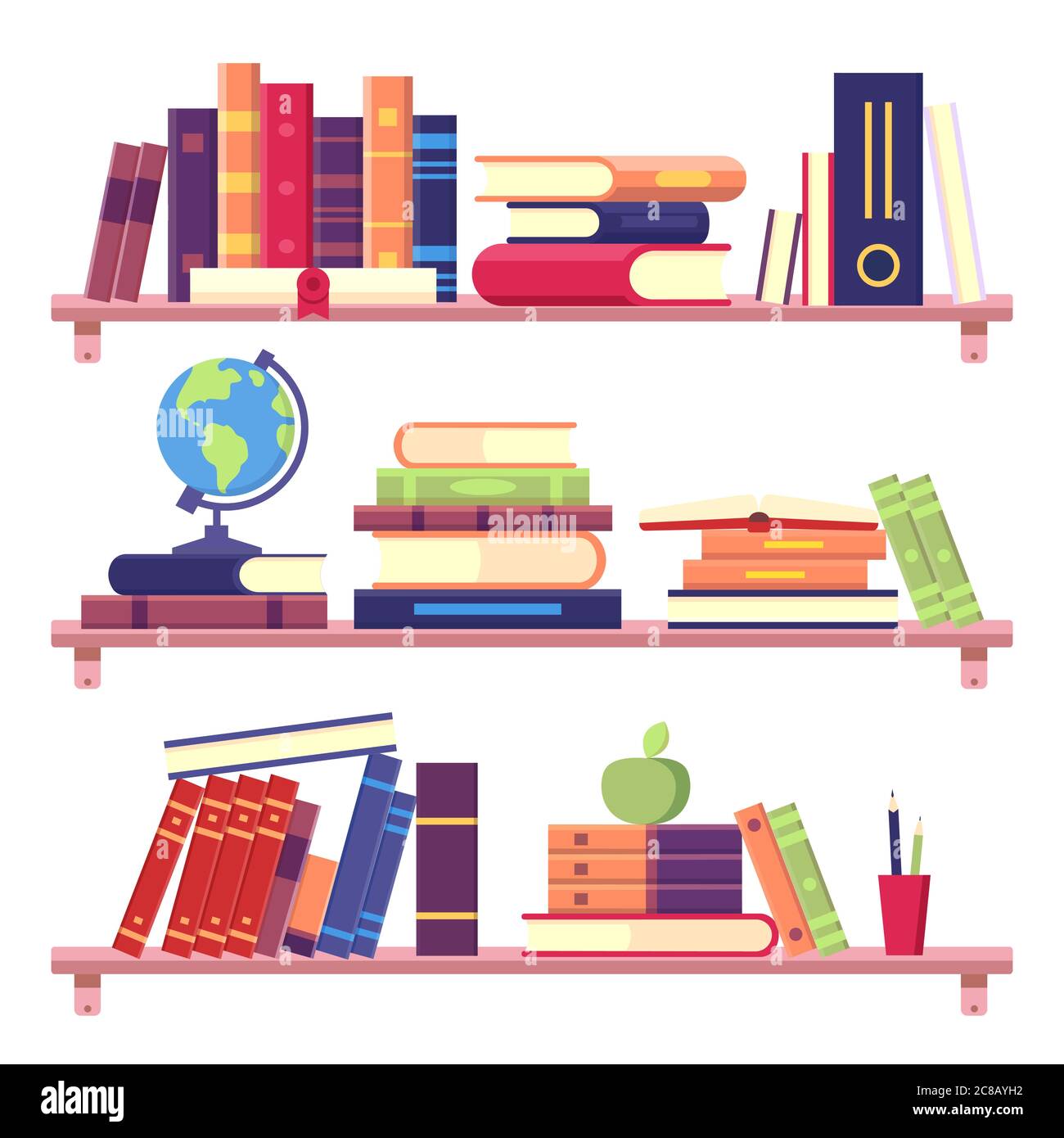Bücherregale mit Stapel von Büchern und anderen Gegenständen wie Binder, Globus, Apfel und Bleistiften. Home Bibliothek an der Wand. Bildung und Literatur Konzept zu lesen Stock Vektor