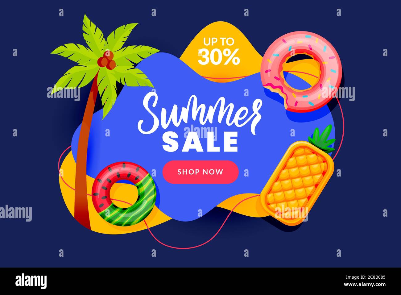 Sommer Verkauf abstrakt Banner Design Vorlage. Aufblasbare schwimmende lustige Spielzeug und Palme, Vektor-flache Cartoon-Illustration. Poster mit Saisonrabatt. H Stock Vektor
